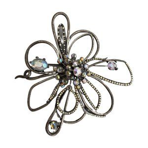 Chico's Large Flower Silver Iridescent Tone Rhinestone Statement Brooch Pin